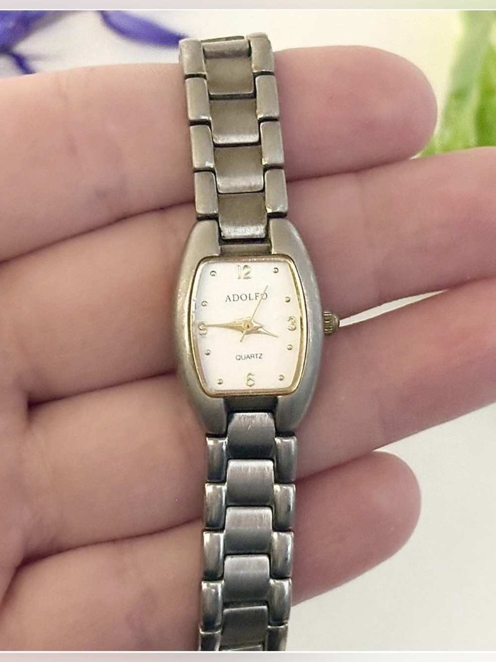 Vintage ADOLFO Oval/Tonneau Silver Steel Classic Linked Casual Bracelet Watch